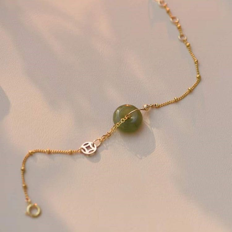 14k Gold Hetian Jade Peace Buckle Bracelet - Feng Shui Harmony Buckle, Lucky Jade Bracelet for Ladies, Dark Green