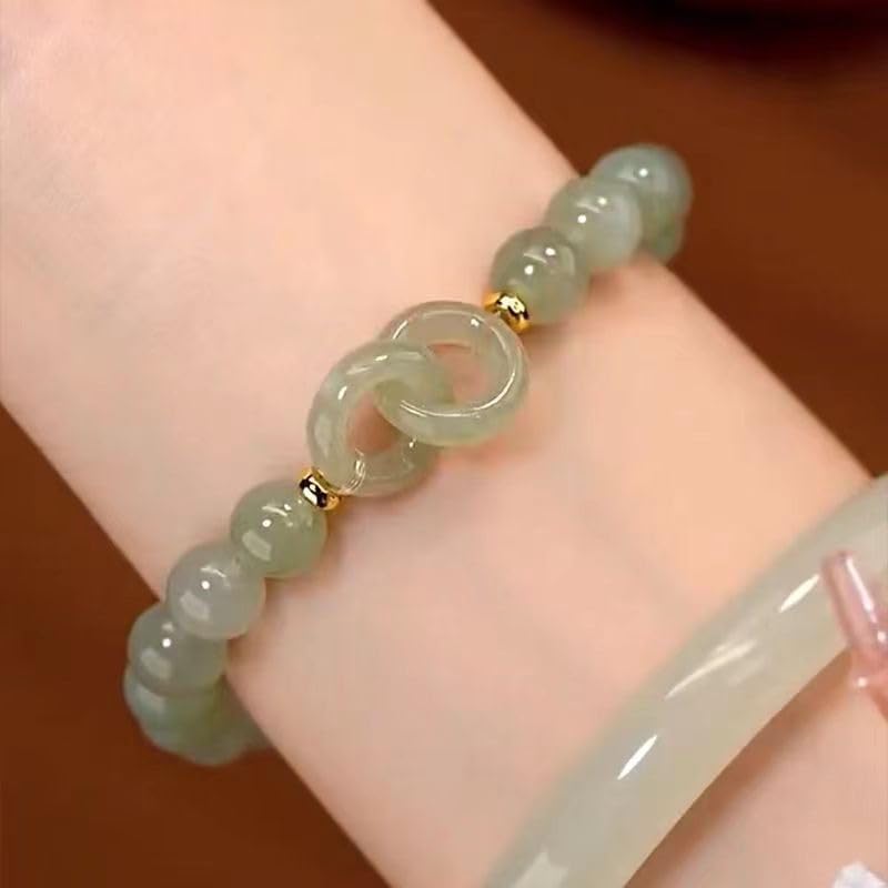 Lucky Feng Shui Bracelet Natural Jade Bracelet Hetian Jade Barrel Beads Nephrite Jade Bracelet with Safety Button Interlocking Hetian Jade Bracelet Women's Design Peace Buckle Jade Bracelet(3)