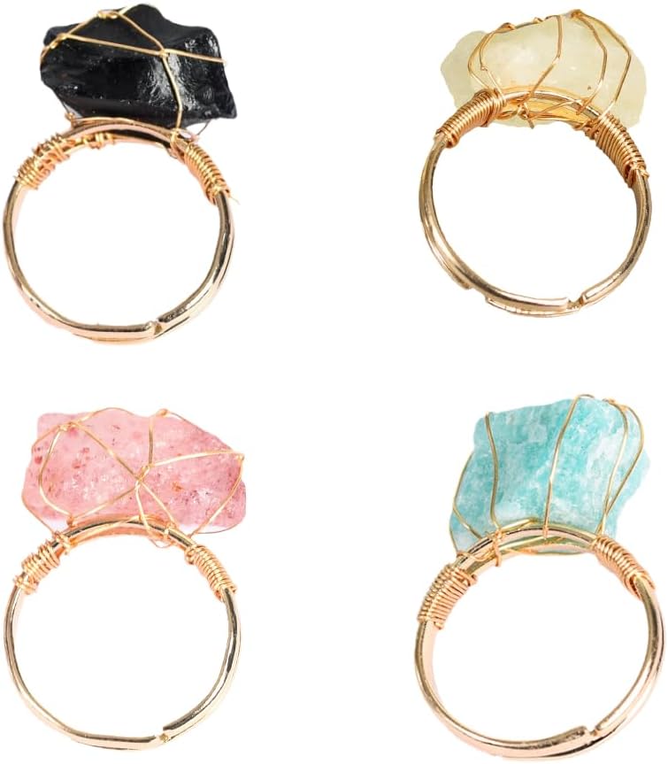 COLORFUL BLING Raw Healing Crystal Natural Stone Ring Statement Copper Wire Wrapped Irregular Crystal Gemstone Adjustalble Ring Jewelry for Women