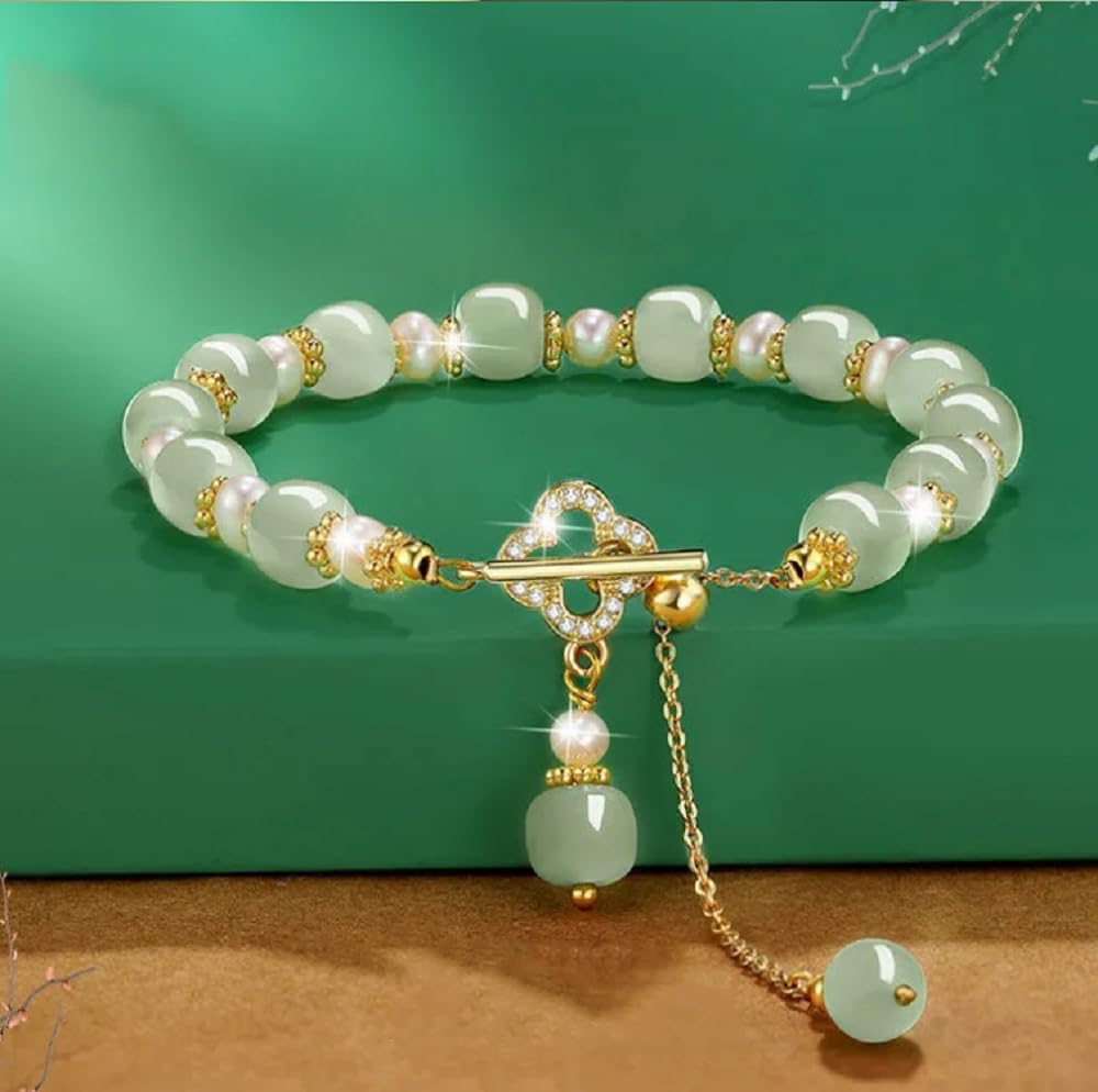 Hotan Jade Pearl Bracelet Four leaf Grass Drill Button Design Oriental Poetic Light Luxury Wristband