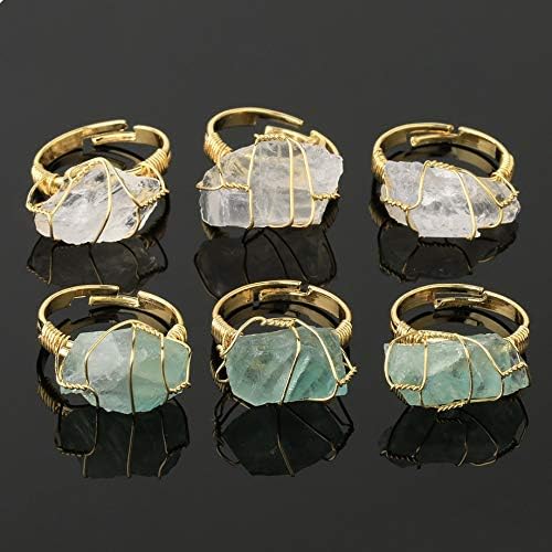 COLORFUL BLING Raw Healing Crystal Natural Stone Ring Statement Copper Wire Wrapped Irregular Crystal Gemstone Adjustalble Ring Jewelry for Women