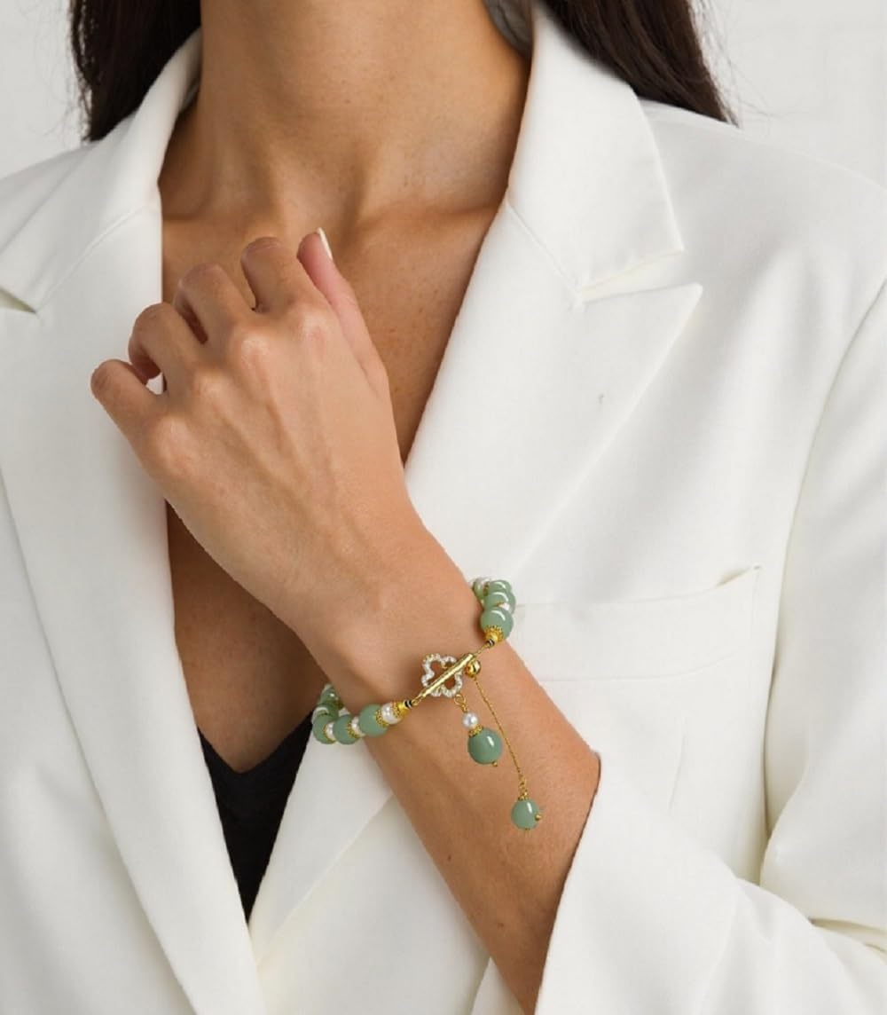 Hotan Jade Pearl Bracelet Four leaf Grass Drill Button Design Oriental Poetic Light Luxury Wristband