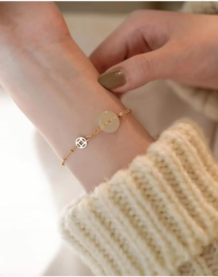 14k Gold Hetian Jade Peace Buckle Bracelet - Feng Shui Harmony Buckle, Lucky Jade Bracelet for Ladies, Dark Green