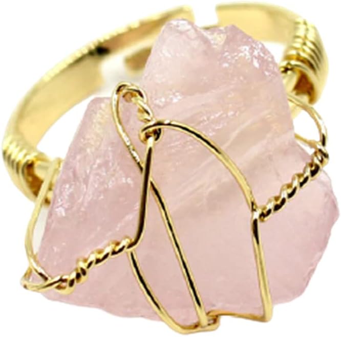 COLORFUL BLING Raw Healing Crystal Natural Stone Ring Statement Copper Wire Wrapped Irregular Crystal Gemstone Adjustalble Ring Jewelry for Women