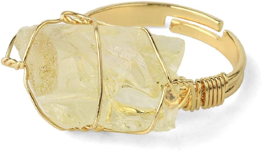 COLORFUL BLING Raw Healing Crystal Natural Stone Ring Statement Copper Wire Wrapped Irregular Crystal Gemstone Adjustalble Ring Jewelry for Women