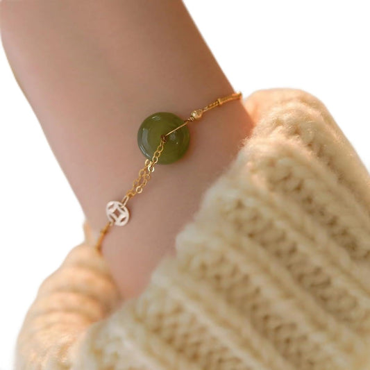 14k Gold Hetian Jade Peace Buckle Bracelet - Feng Shui Harmony Buckle, Lucky Jade Bracelet for Ladies, Dark Green