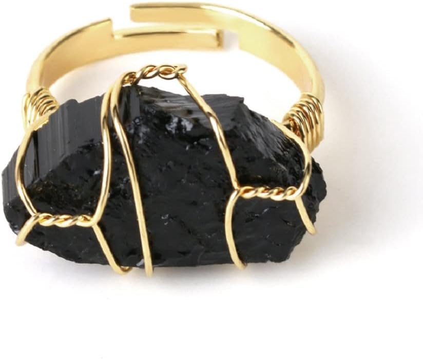 COLORFUL BLING Raw Healing Crystal Natural Stone Ring Statement Copper Wire Wrapped Irregular Crystal Gemstone Adjustalble Ring Jewelry for Women