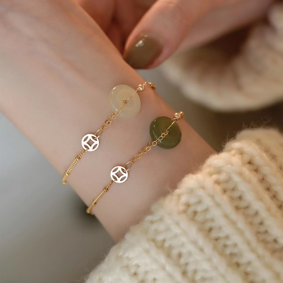 14k Gold Hetian Jade Peace Buckle Bracelet - Feng Shui Harmony Buckle, Lucky Jade Bracelet for Ladies, Dark Green