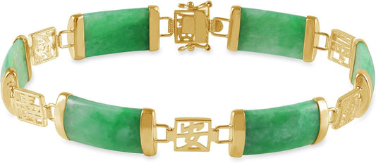 Belacqua Natural Green Jade Good Fortune Link Bracelet in Sterling Silver, Lenght - 7.5 Inches, Fashion Jewelry for Women, Gift Box Included