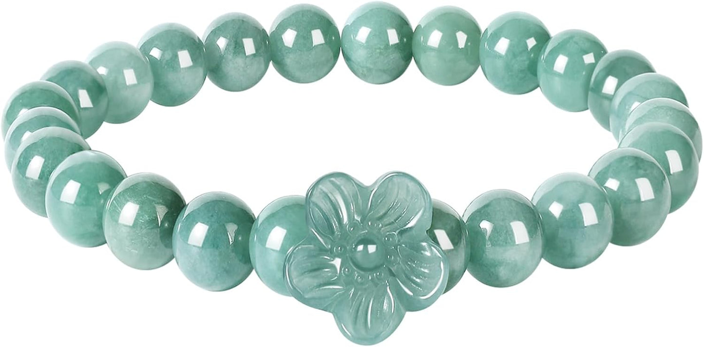 Real Jade bracelet for Women, Natural Jadeite Handmade Carved Peach Blossom Stretch Beaded Beads Jade Bangle Jewelry, Stress Relief Feng Shui Prosperity Blue-Green Jades bracelets,for Valentine's,Mother,Christmas