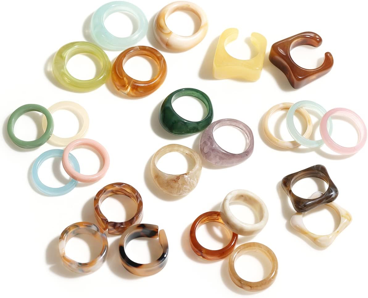 Viva Joya Resin Rings, Plastic Rings Acrylic Rings Knuckle Rings for Women, Chunky Aesthetic Trendy Colorful Cute Stackable jewelry, Bulk Rings, Statement Dome Thick Rings, Set Size 6 7 8 9