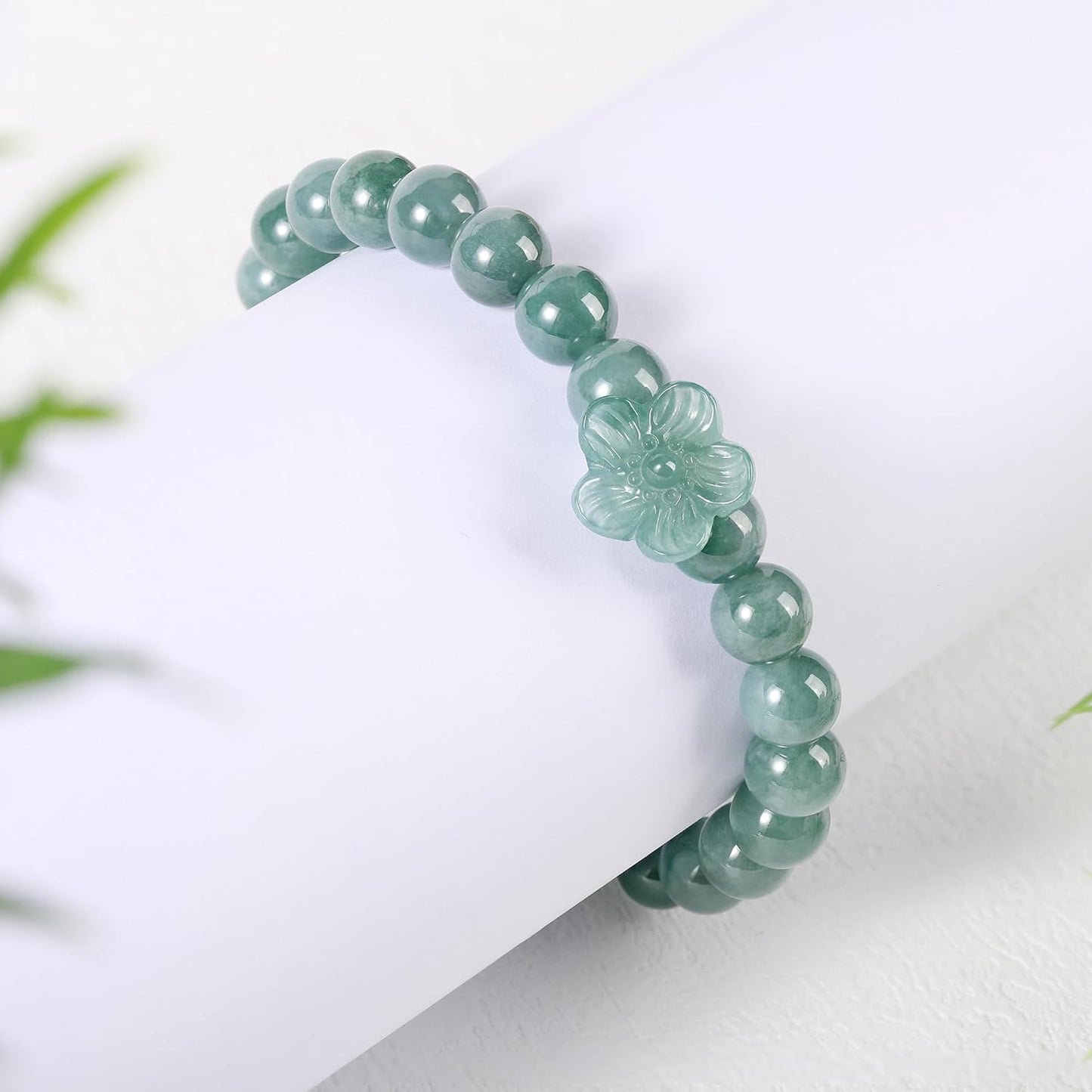Real Jade bracelet for Women, Natural Jadeite Handmade Carved Peach Blossom Stretch Beaded Beads Jade Bangle Jewelry, Stress Relief Feng Shui Prosperity Blue-Green Jades bracelets,for Valentine's,Mother,Christmas