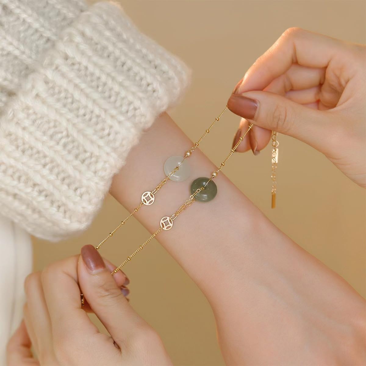14k Gold Hetian Jade Peace Buckle Bracelet - Feng Shui Harmony Buckle, Lucky Jade Bracelet for Ladies, Dark Green