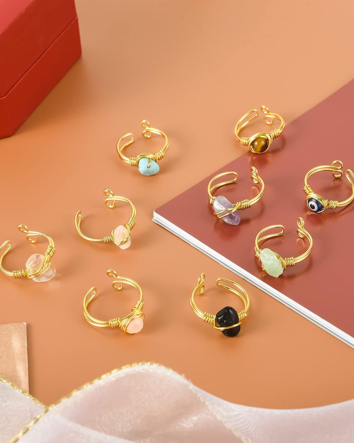 9 PCS Healing Crystal Ring, Adjustable Gold Wire Wrapped Rings Irregular Gemstone Rings Set for Women Girls
