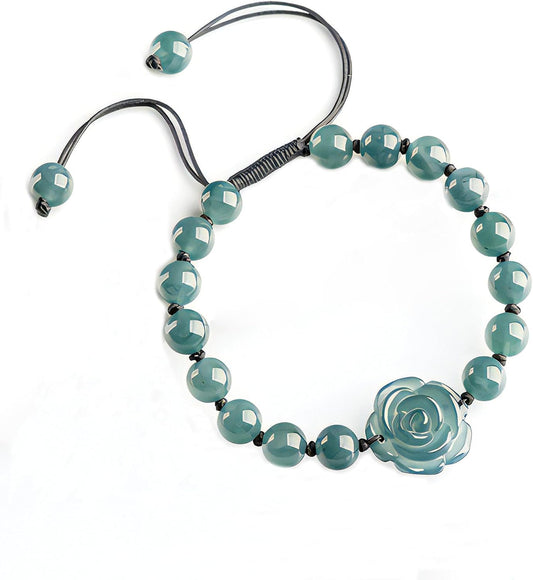 Real Jade bracelet for Women, Natural Jadeite Handmade Carved Peach Blossom Stretch Beaded Beads Jade Bangle Jewelry, Stress Relief Feng Shui Prosperity Blue-Green Jades bracelets,for Valentine's,Mother,Christmas