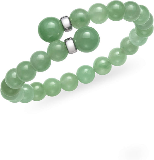 Belacqua Natural Green Jade Cuff Wrap Bracelet in Sterling Silver, Gemstone Sizes 6mm and 10 mm, Flexible fit, Standard Length -7.5, Fashion Jewelry for Women, Gift Box Included