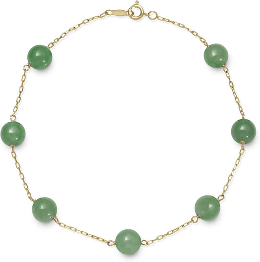 Belacqua Natural Jade Station Bracelet in 10K Yellow Gold, Size- 6.0-6.5mm, Length - 7.5 Inches, Spring Ring Clasp, Dainty Jewelry for Women, Gift Box Included