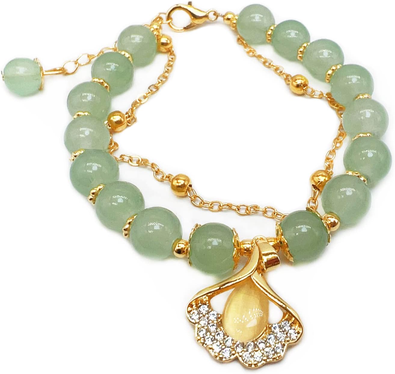 CJIAYUJEW Hotan Jade Leaf Bracelet Natural 2-Layer Green Nephrite Jade Bracelet for Women Round Bead Design with Zircon Leaf Charm Bracelet,Lucky Crystal Bracelet Ladies Jewelry