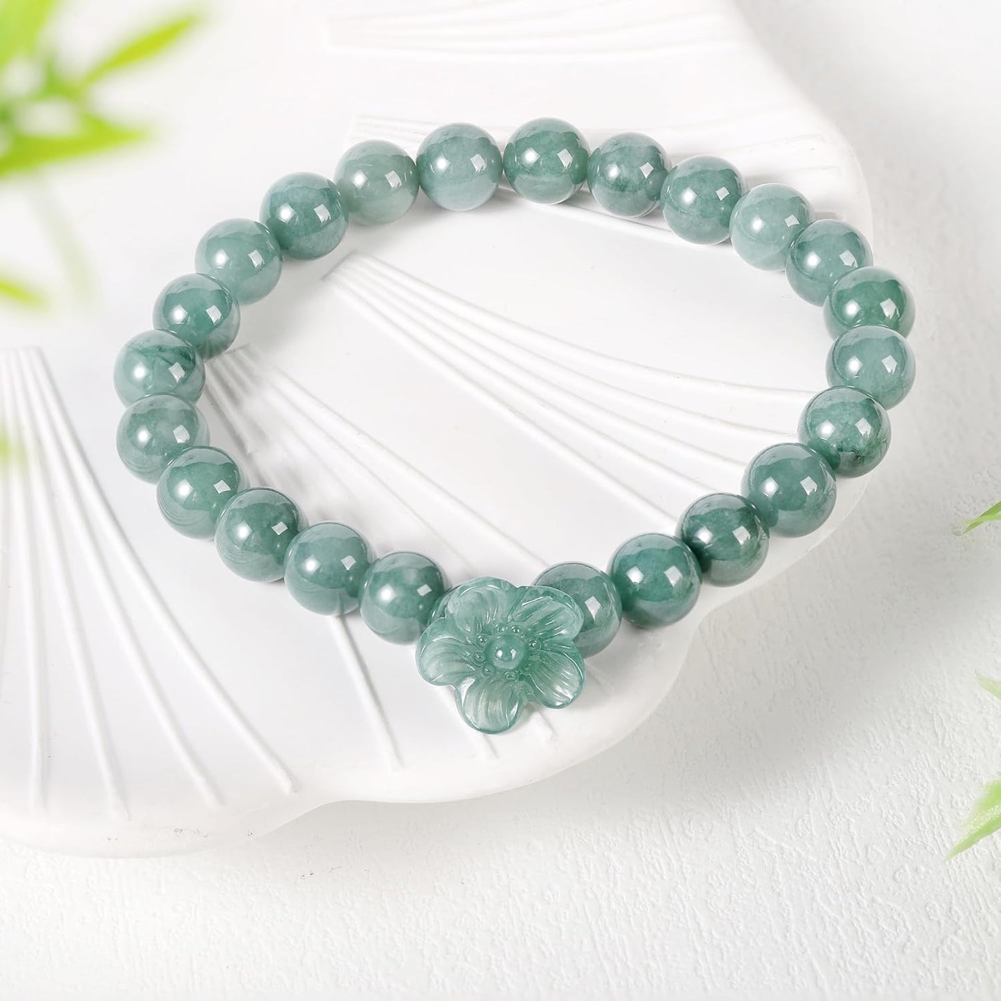 Real Jade bracelet for Women, Natural Jadeite Handmade Carved Peach Blossom Stretch Beaded Beads Jade Bangle Jewelry, Stress Relief Feng Shui Prosperity Blue-Green Jades bracelets,for Valentine's,Mother,Christmas