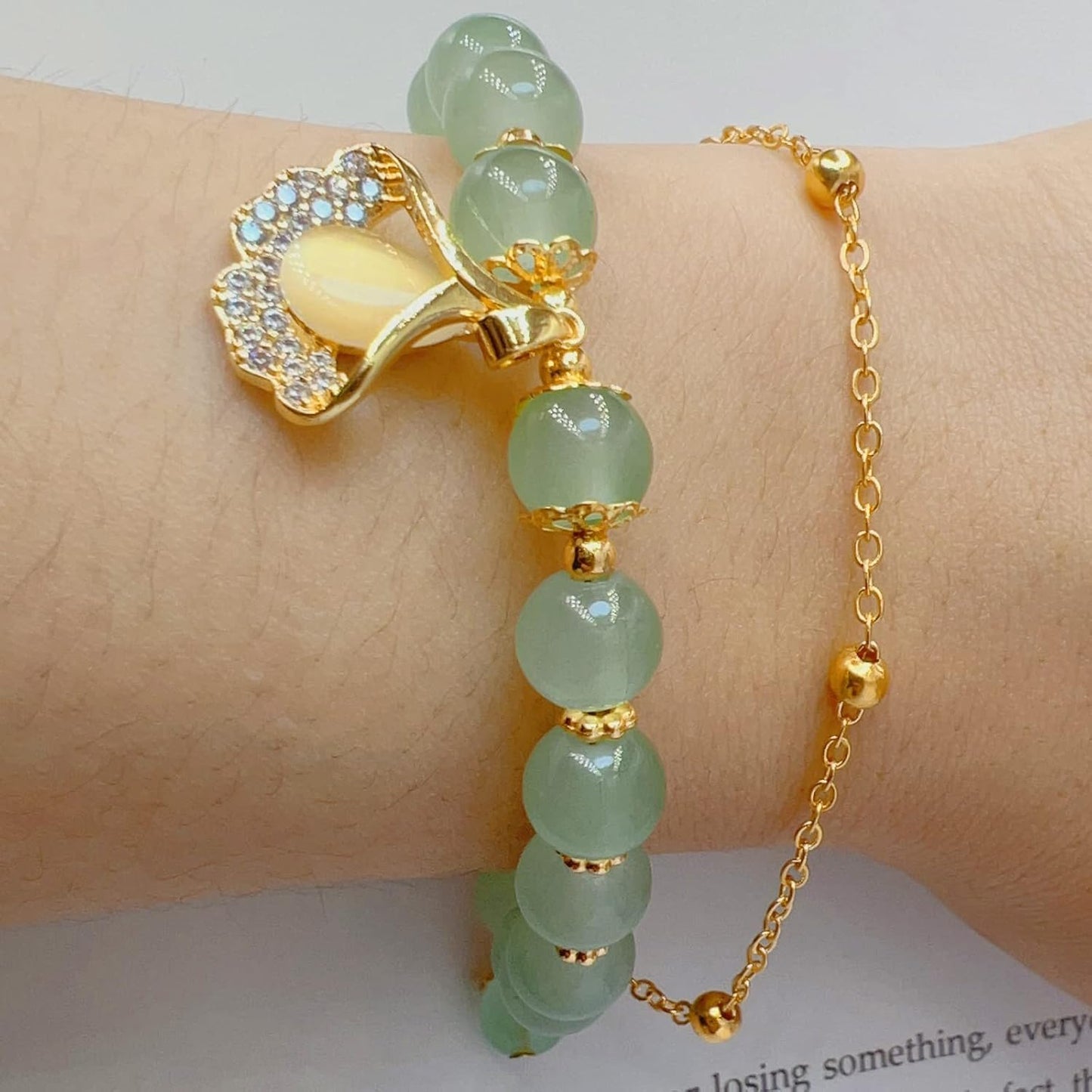 CJIAYUJEW Hotan Jade Leaf Bracelet Natural 2-Layer Green Nephrite Jade Bracelet for Women Round Bead Design with Zircon Leaf Charm Bracelet,Lucky Crystal Bracelet Ladies Jewelry
