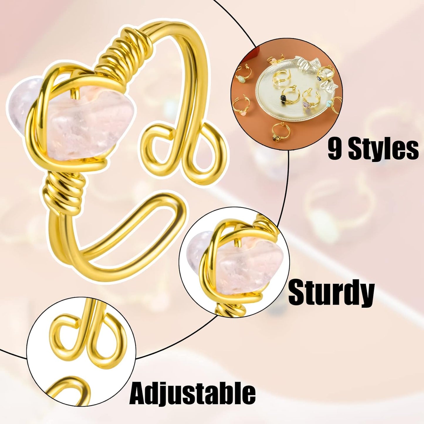 9 PCS Healing Crystal Ring, Adjustable Gold Wire Wrapped Rings Irregular Gemstone Rings Set for Women Girls
