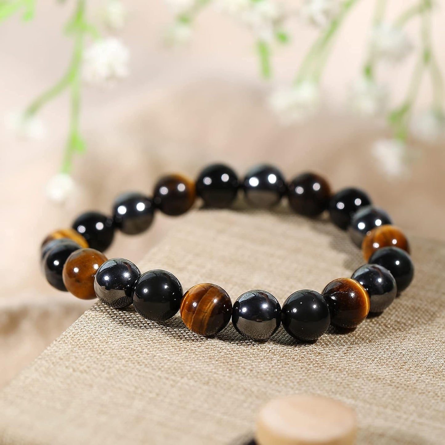 Crystal Vibe Triple Protection Bracelet - 8mm Beaded Bracelet for Women Men - Natural Stones of Tiger Eye, Hematite, Black Obsidian - Healing Crystal Bracelet for Anxiety Relief - Adjustable Size