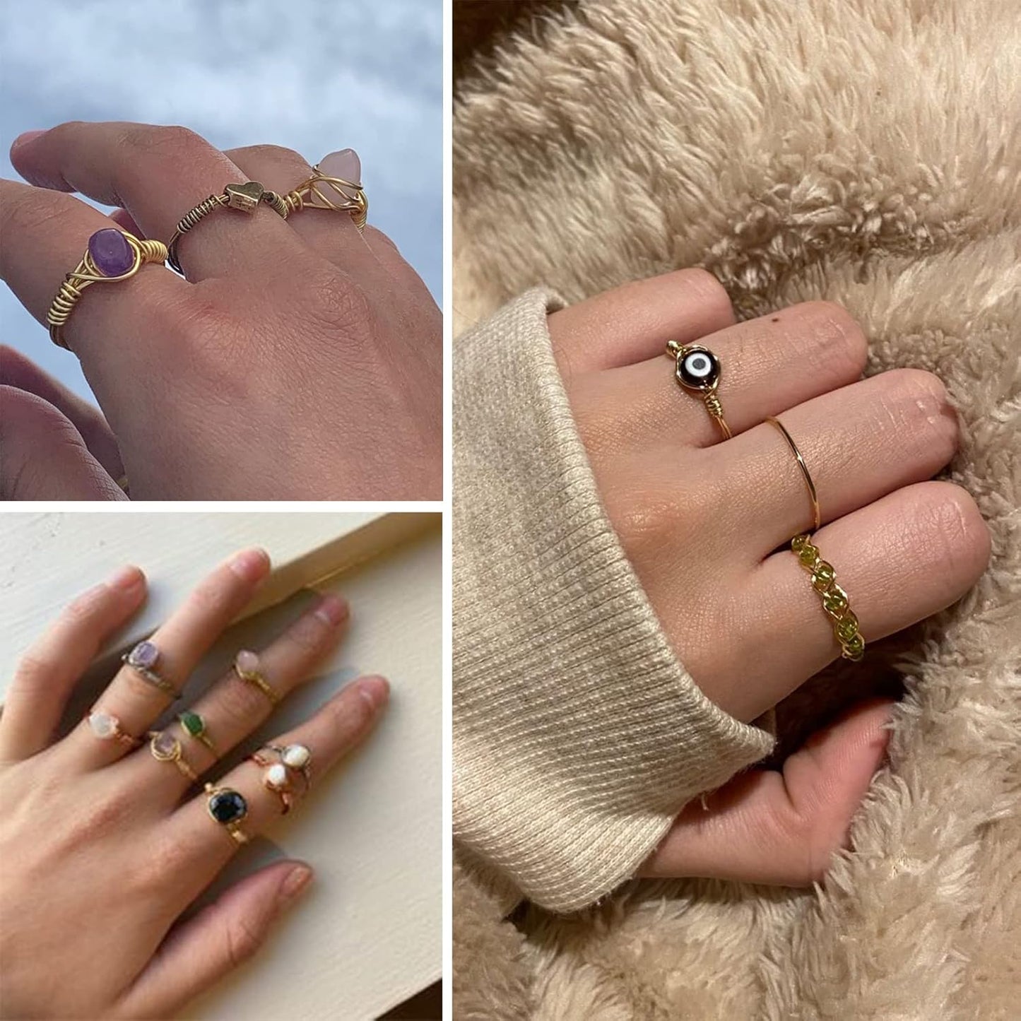 9 PCS Healing Crystal Ring, Adjustable Gold Wire Wrapped Rings Irregular Gemstone Rings Set for Women Girls