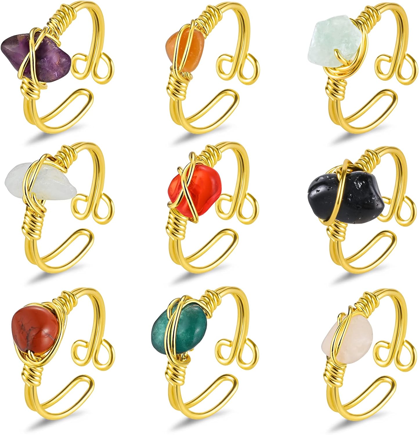 9 PCS Healing Crystal Ring, Adjustable Gold Wire Wrapped Rings Irregular Gemstone Rings Set for Women Girls