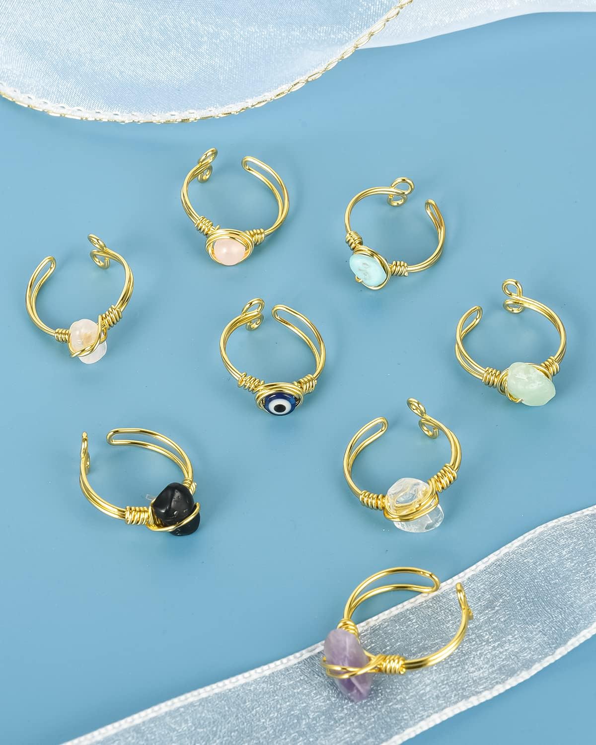 9 PCS Healing Crystal Ring, Adjustable Gold Wire Wrapped Rings Irregular Gemstone Rings Set for Women Girls