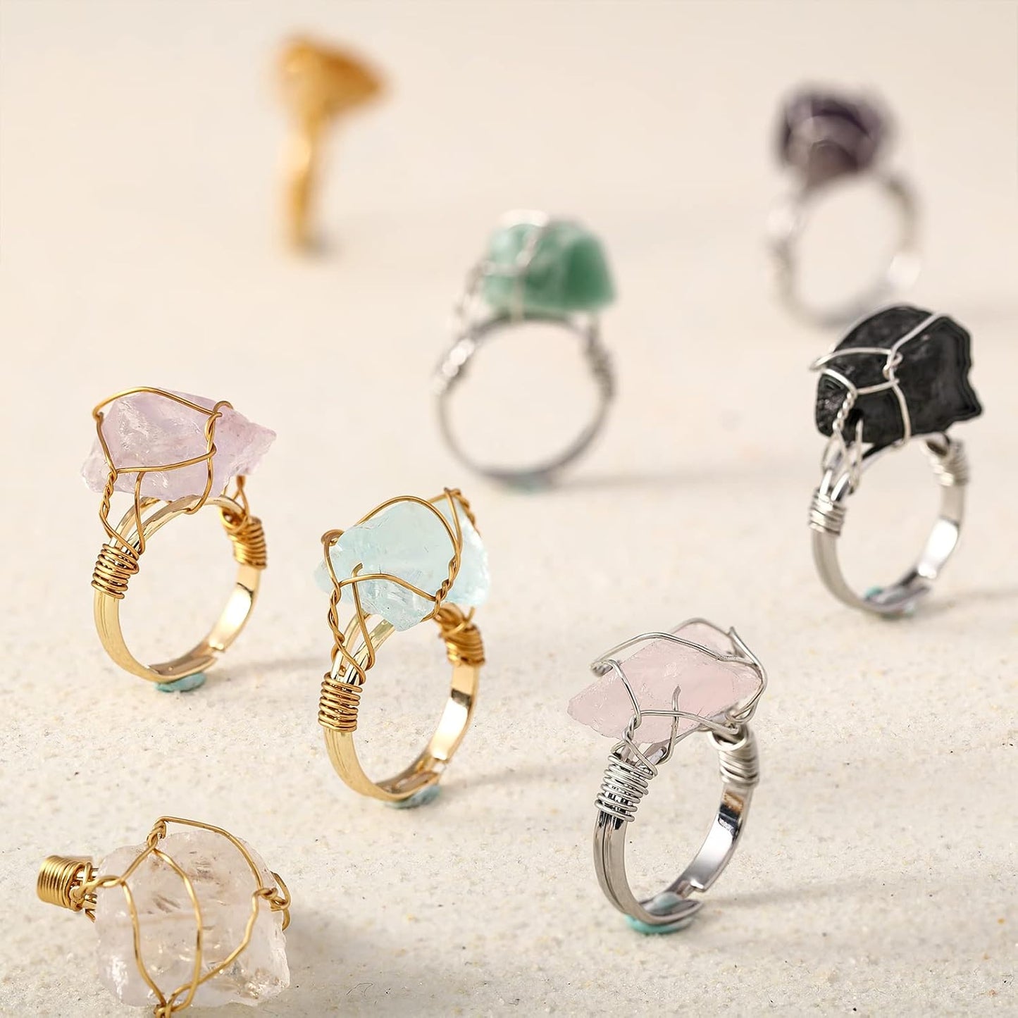Sureio 8 Pieces Chakra Crystal Ring Healing Crystal Ring Adjustable Gemstone Rings Copper Wire Wrapped Ring Irregular Colorful Gem Ring for Women(Silver and Gold Ring)