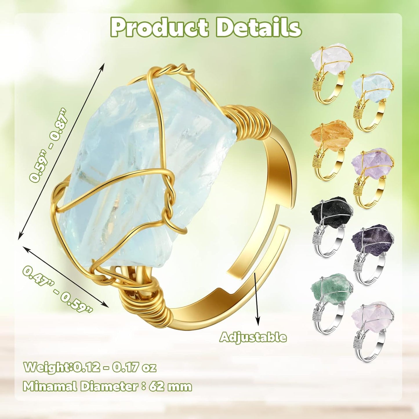 Sureio 8 Pieces Chakra Crystal Ring Healing Crystal Ring Adjustable Gemstone Rings Copper Wire Wrapped Ring Irregular Colorful Gem Ring for Women(Silver and Gold Ring)