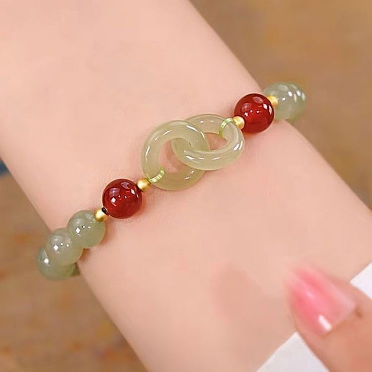 Lucky Feng Shui Bracelet Natural Jade Bracelet Hetian Jade Barrel Beads Nephrite Jade Bracelet with Safety Button Interlocking Hetian Jade Bracelet Women's Design Peace Buckle Jade Bracelet（3）