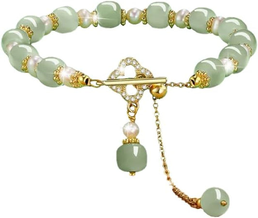 Hotan Jade Pearl Bracelet Four leaf Grass Drill Button Design Oriental Poetic Light Luxury Wristband