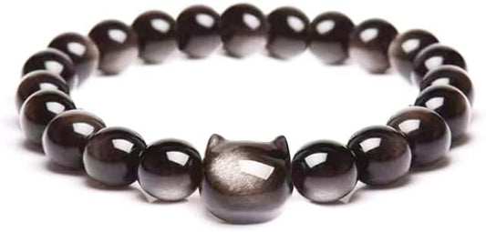 Money Attraction Cat Bracelet - Black Obsidian Women Bracelets -Wealth Prosperity Abundance Stone Bead Bracelet, Entrepreneur Business Luck Beaded Bracelets,Spiritual Mood Energy Cute Protection Stretch Bracelet,Good Luck Feng Shui Bracelets For Women Gif