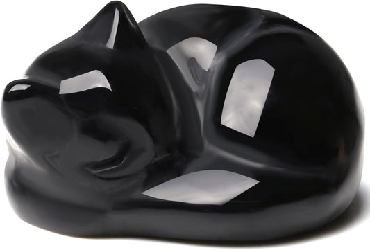 QINJIEJIE Black Obsidian Cat Crystals and Healing Stones Figurine Sleeping Cat Decor Stone Statue Gift Carved Gemstones Sculpture Office Home Desk Lucky Kitten Cute Decoration for Cat Lover Men Women