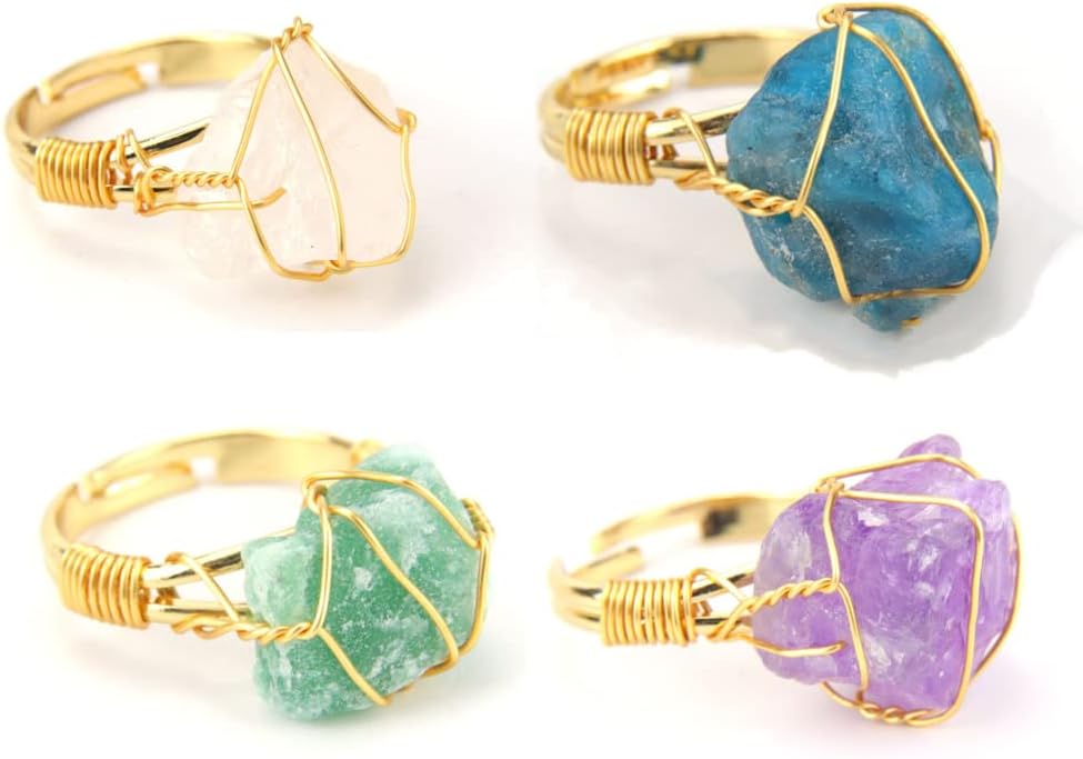 COLORFUL BLING Raw Healing Crystal Natural Stone Ring Statement Copper Wire Wrapped Irregular Crystal Gemstone Adjustalble Ring Jewelry for Women