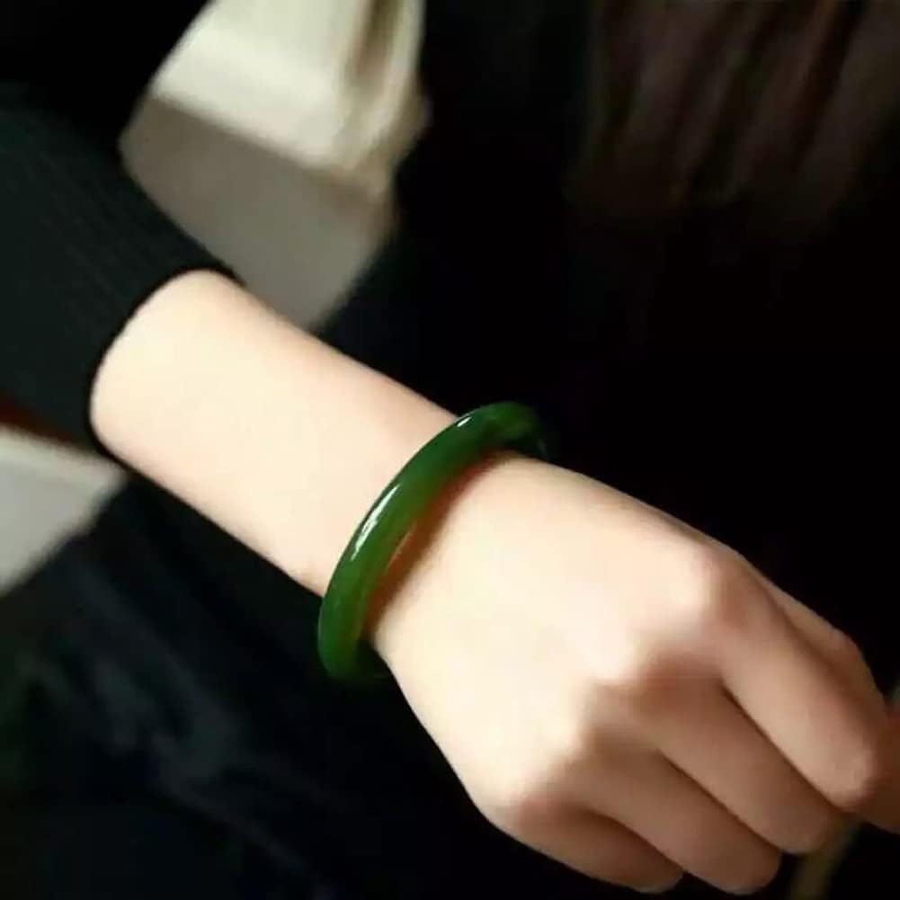 Natural Green Jade Bangle Bracelet for Women, Lucky Round Nephrite Jade 10mm Width Jewelry Gift (58mm)
