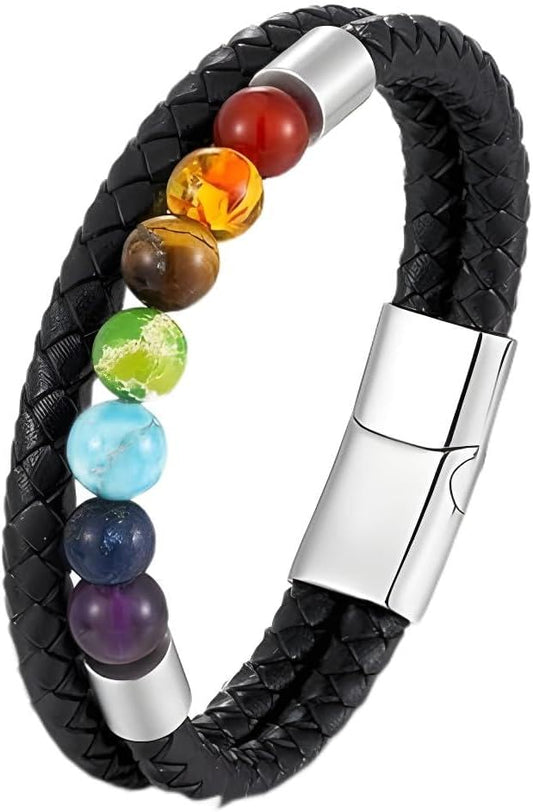 7 Chakra Bracelet With Genuine Leather Men Women Natural Crystal Healing Anxiety Jewellery Mandala Yoga Meditation Bracelet Gift (Charka leather)