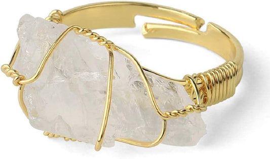 COLORFUL BLING Raw Healing Crystal Natural Stone Ring Statement Copper Wire Wrapped Irregular Crystal Gemstone Adjustalble Ring Jewelry for Women