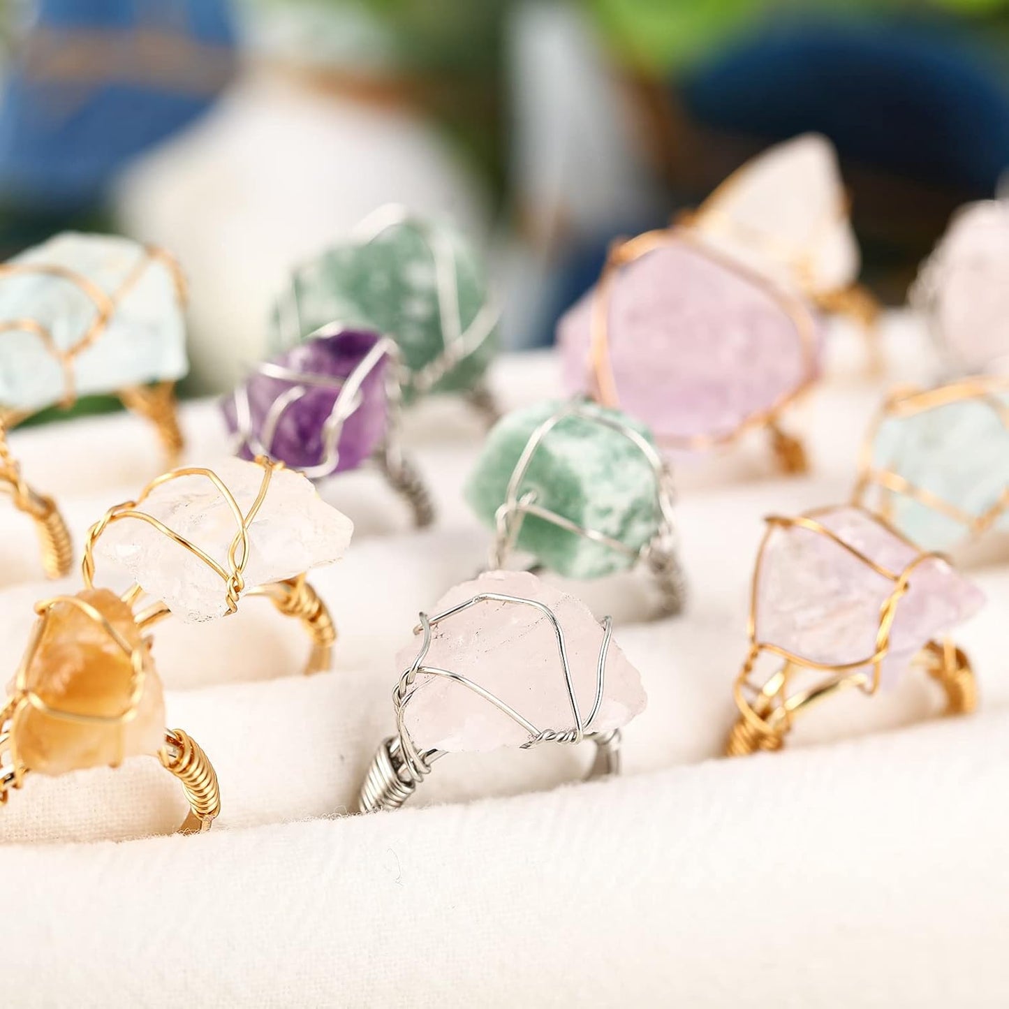 Sureio 8 Pieces Chakra Crystal Ring Healing Crystal Ring Adjustable Gemstone Rings Copper Wire Wrapped Ring Irregular Colorful Gem Ring for Women(Silver and Gold Ring)