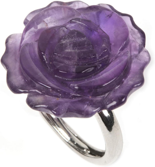 Justinstones Crystal Quartz Carved Gemstone Daisy Flower Promise Ring 25MM Romantic Rose Bud Adjustable Stacking Ring Gift For Her (Adjustable size:8 to12)
