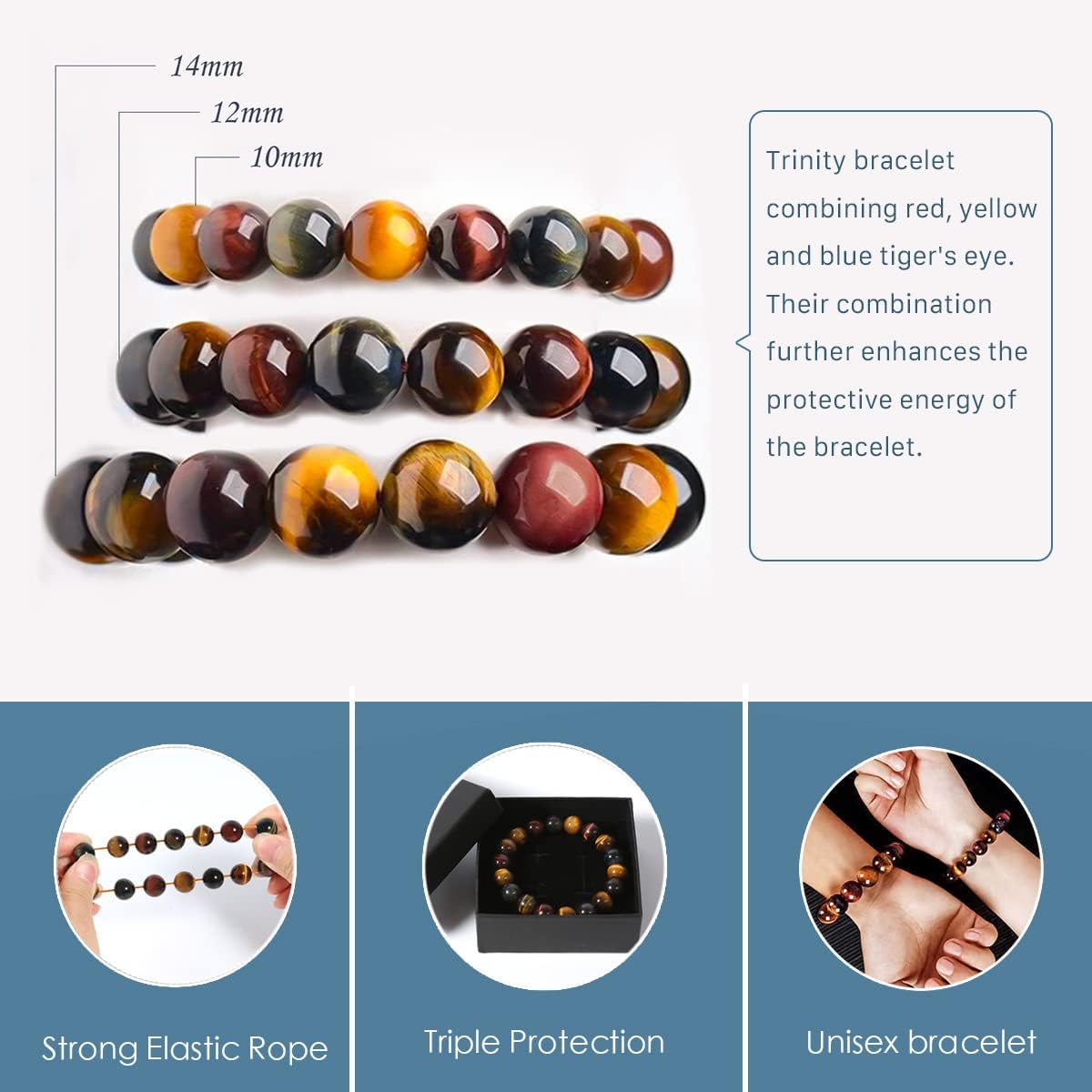 Tiger Eye Bracelet,Relax Anxiety Crystal Beaded Triple Protection Jewelry Bead Stone Chakra Gemstones Bracelets for women men