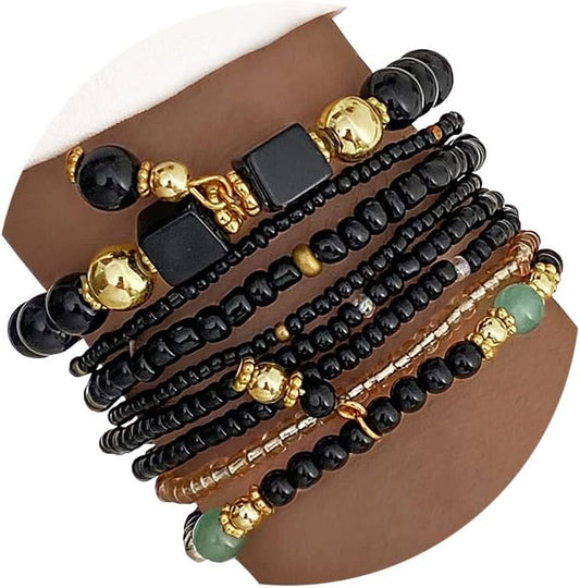 IFKM 8PCS Beaded Bracelets for Women, Multilayered Stackable Strand Stretch Bead Bracelet Pack Handmade Trendy Bohemian Charm Jewelry