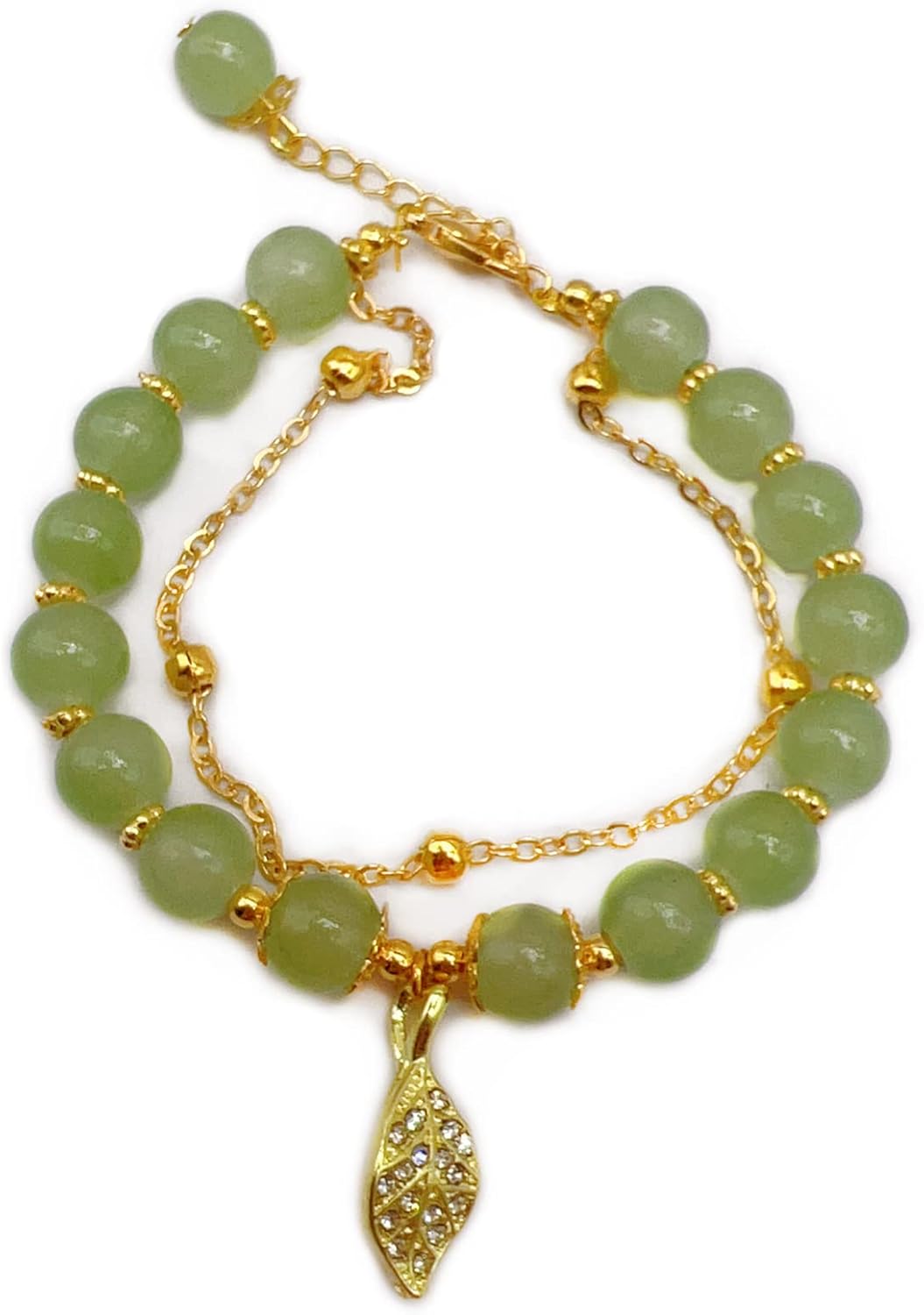 CJIAYUJEW Hotan Jade Leaf Bracelet Natural 2-Layer Green Nephrite Jade Bracelet for Women Round Bead Design with Zircon Leaf Charm Bracelet,Lucky Crystal Bracelet Ladies Jewelry