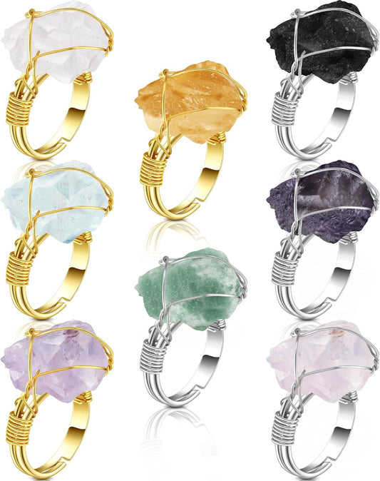 Sureio 8 Pieces Chakra Crystal Ring Healing Crystal Ring Adjustable Gemstone Rings Copper Wire Wrapped Ring Irregular Colorful Gem Ring for Women(Silver and Gold Ring)