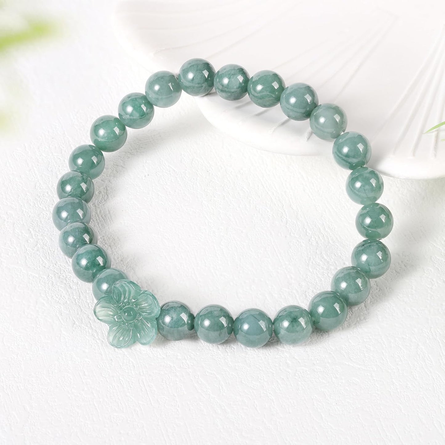 Real Jade bracelet for Women, Natural Jadeite Handmade Carved Peach Blossom Stretch Beaded Beads Jade Bangle Jewelry, Stress Relief Feng Shui Prosperity Blue-Green Jades bracelets,for Valentine's,Mother,Christmas