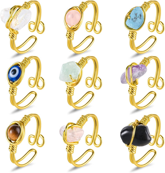9 PCS Healing Crystal Ring, Adjustable Gold Wire Wrapped Rings Irregular Gemstone Rings Set for Women Girls