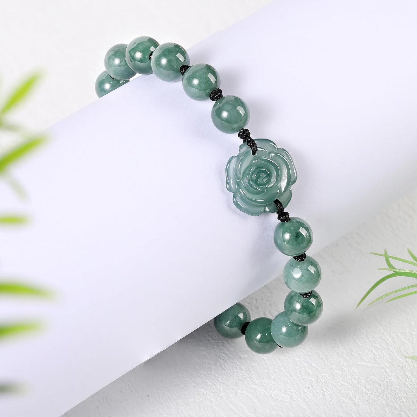 Real Jade bracelet for Women, Natural Jadeite Handmade Carved Peach Blossom Stretch Beaded Beads Jade Bangle Jewelry, Stress Relief Feng Shui Prosperity Blue-Green Jades bracelets,for Valentine's,Mother,Christmas