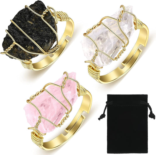 Hicarer 3 Pieces Chakra Crystal Ring Wire Wrapped Irregular Crystal Ring Raw Healing Crystal Ring Adjustable Gemstone Stone Ring Jewelry with Exquisite Flannel Bag for Women