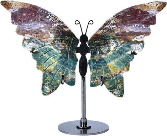JIC Gem Natural Ocean Jasper Palm Stone Crystal Healing Gemstone Butterfly Art Wings Carving Craft Ornament with Display Stand Decoration Reiki Chakra Balance (1pair, 10cm)